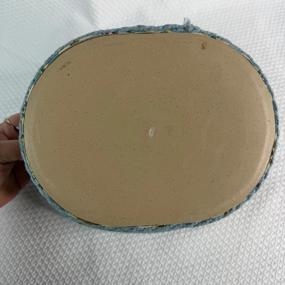 Vintage Oval Sewing Basket Blue Wicker Trim Patchwork Bird Print with Tray